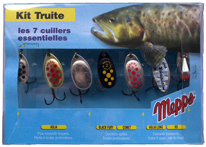 Kit Truite Mepps 7 cuillers pour la pêche de la truite : aglia, black fury,  comet